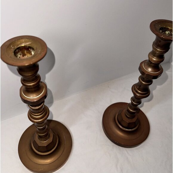 10.5' heavy Antique Brass Candlestick Holders Set Of Two Vintage Decor - Picture 3 of 8